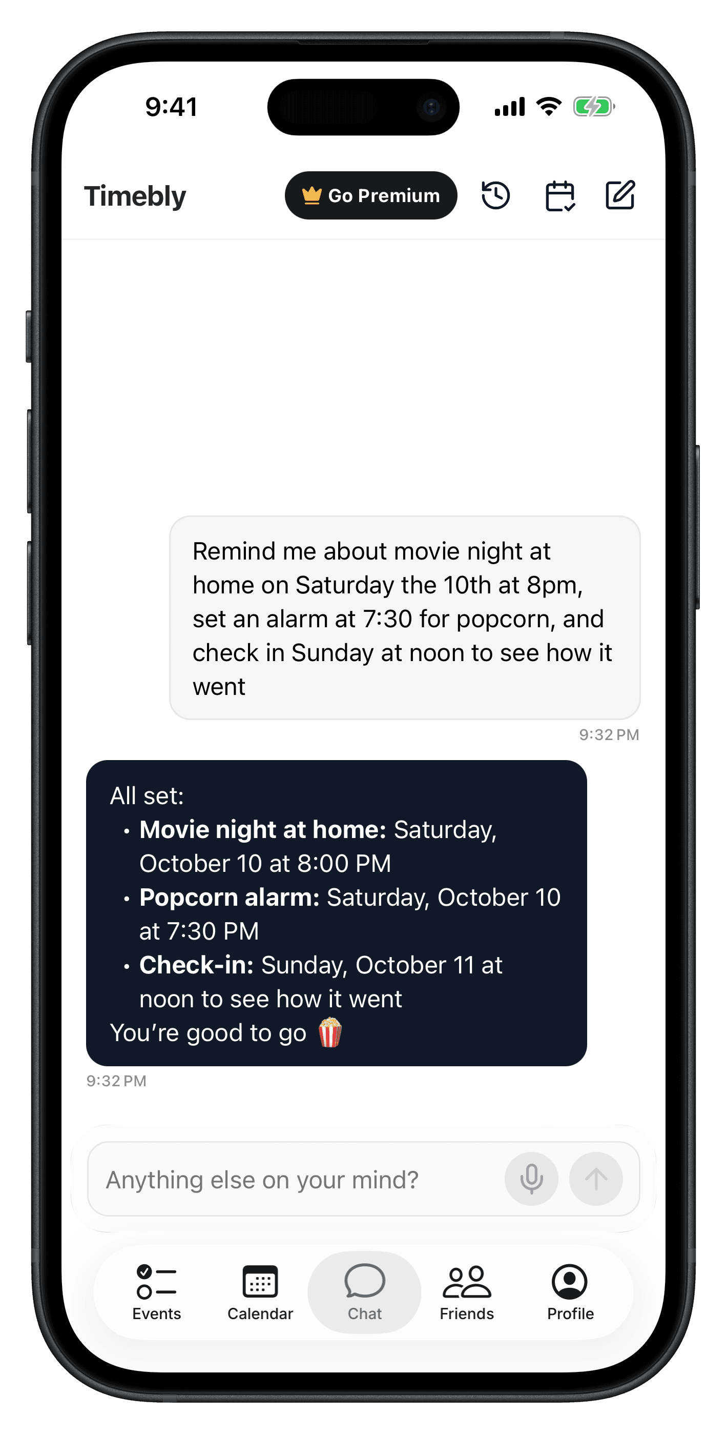 Timebly setting an alarm, a reminder and a check-in from one message