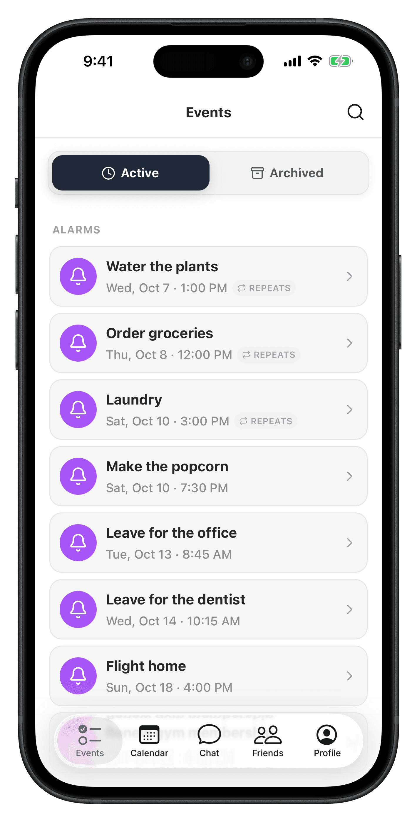 List of upcoming alarms in Timebly