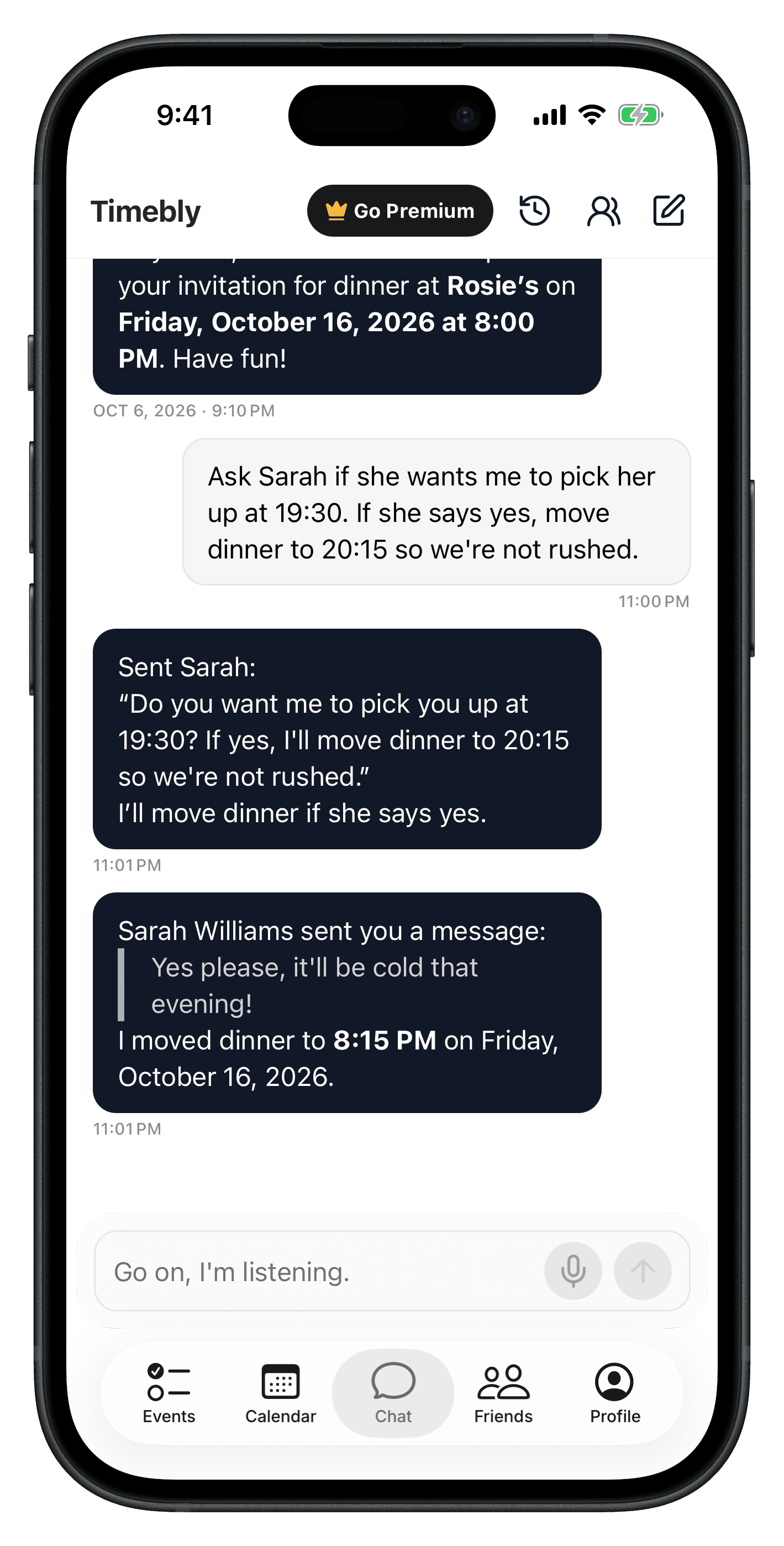 Timebly moving a dinner after a friend says yes to a pickup