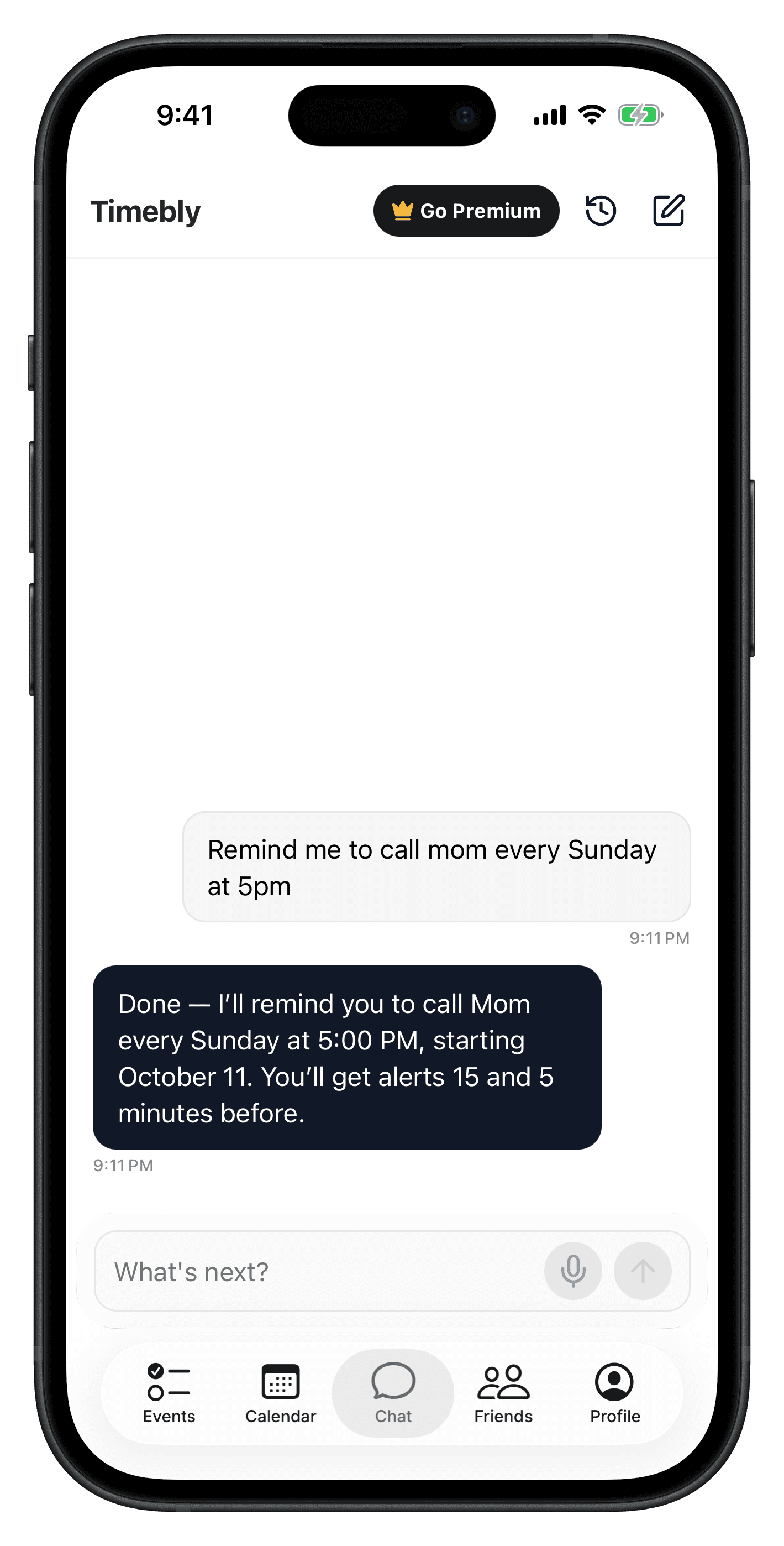 Timebly setting a weekly reminder to call mom