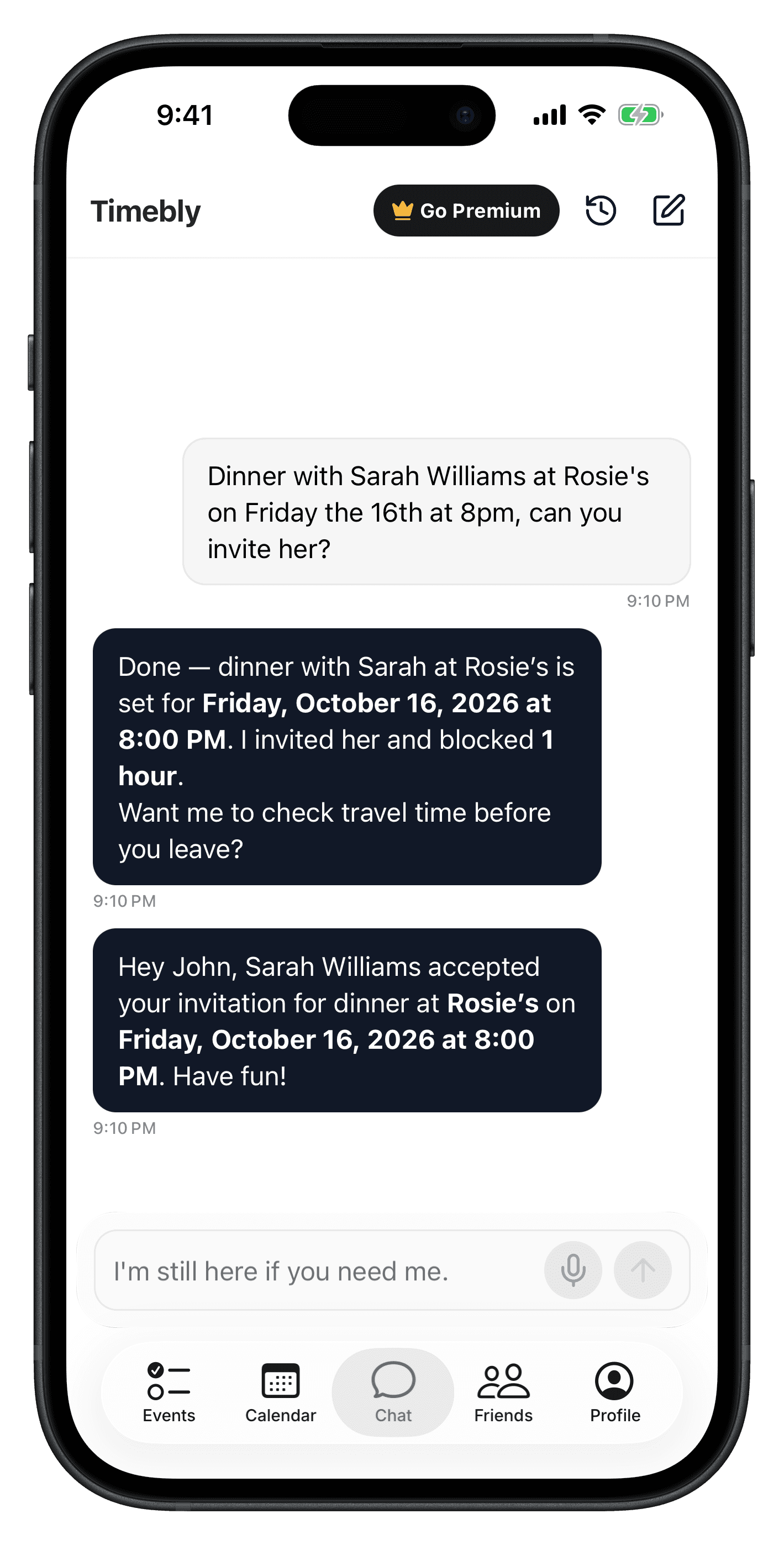 Timebly inviting a friend to dinner and confirming when she accepts